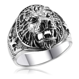 Materia Men's Ring Lion Head 925 Sterling Silver Signet Ring Solid 18 19 20 21 22 mm Blackened in Box, Silver