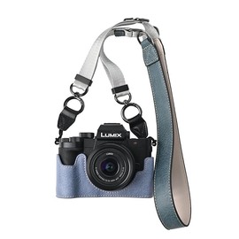 G100K Case, BMAOLLONGB Handmade PU Leather Half Camera Case Bag Cover Bottom Opening Version for Panasonic Lumix G100K with Neck Strap (Blue)