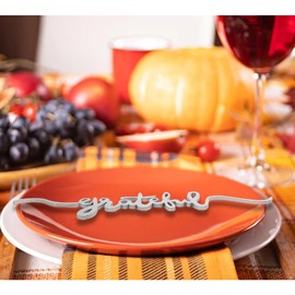 Thanksgiving Cutout Wood Table Place Card Thankful Grateful Blessed Gather Wood Word Table Settings Signs Decorations Autumn Themed Thanksgiving Party Table Home Decoration (Silver, 8)