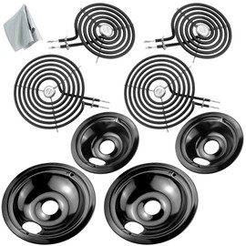 WB31M20 WB31M19 Porcelain Drip Pans and WB30M1 WB30M2 Electric Stove Burners Replacement for G*E Hot*Point Stove Top, Include 4 Pack Black Drip Pan Bowls and 4 Pack Surface Element Coil by Fetechmate