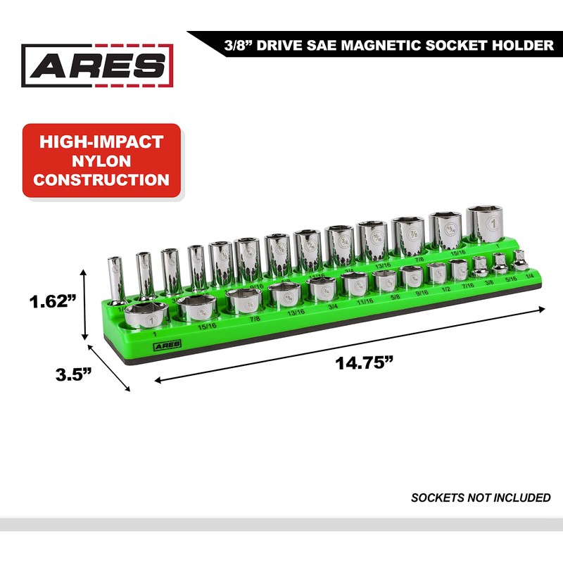 ARES 60007-26-Piece 3/8 in SAE Magnetic Socket Organizer -GREEN -Holds