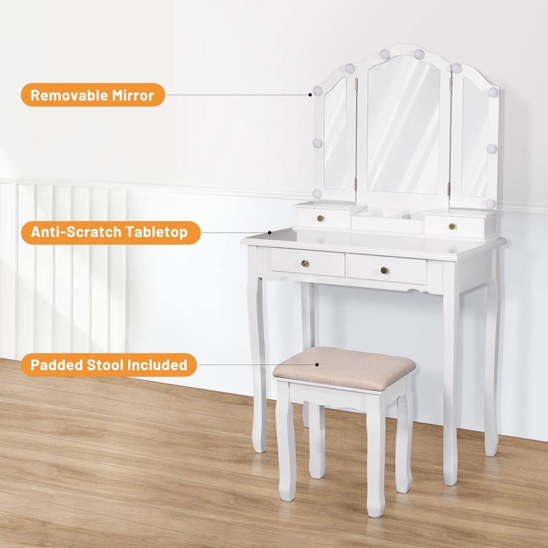 Makeup Vanity Desk with Lighted Mirror, Tri-Fold Vanity Table with