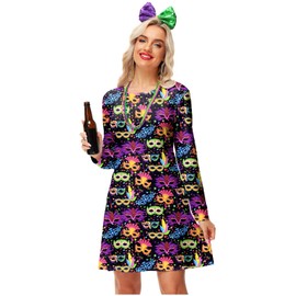 Women's Mardi Gras Masquerade Dresses Fleur De Lis Parade Party Jester Mask Costume Dress S