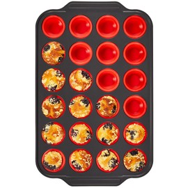 BRONYPRO Silicone Mini Muffin Pan with Metal Frame, Egg Bite Molds for Baking for Baking, Cupcake Pans 24 Regular Size, Muffin Tins Easy to Pop Nonstick Non Toxic Bakeware for Oven,Red