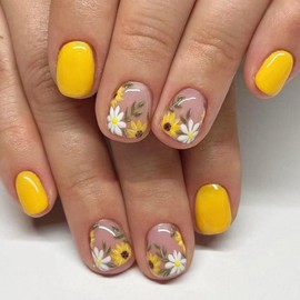 Summer Press on Nails Short Square Fake Nails with Floral Designs Yellow Nails Press ons Glossy Glue on Nails Spring Acrylic Nails Nude False Nails Full Cover Stick on Nails for Women 24Pcs