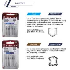 Singer Set of 2 Packs Universal Sewing Machine Sewing Needles for Sewing Denim Fabric and Leather 2026 and 2032, System 130/705 H, Flat on One Side, H-J and H-LL + Plastic Bobbins