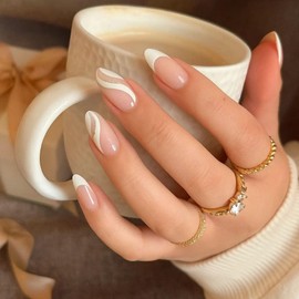 24 PCS French Milky White Abstract Line Press on Nails Short Almond False Nails with Accessory Tools, Fake Set with Swirl Pattern, Minimal Modern Aesthetic French Tip False (Elegant White Stripes)