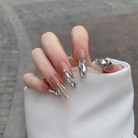 E EMZHOLE False Nails Long Fake Nails Gold Foil Press on Nails Ballerina Acrylic Stick on Nails 24pcs for Women and Girls (03)