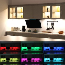 Litever Under Cabinet LED Lighting Kit. RGB Color & Bright Warm White Light. Slim Linkable LED Light Bars with Power Adapter, Controller, Extension Cords. Max 24W. Dimmable. Plug in. RGB + 3000K.