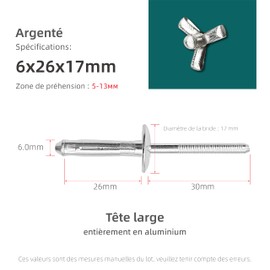 JIANDAXIN 40Pcs Tri Fold Aluminum Folding Large Flange Round Head Blind Rivets,Tri Grip Exploding Large Cap Pop Rivets for Automotive, Soft or Plastic Materials (Silver, 15/64" x1-1/32)