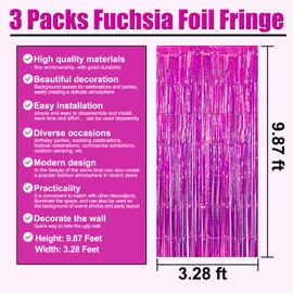 3 Pack Rose Red Foil Fringe Curtain Backdrop, 3.28Ft x 9.8Ft Metallic Tinsel Foil Fringe Streamer Curtains for Photo Booth, Halloween, Christmas Day, Wedding, New Year Party Decoration