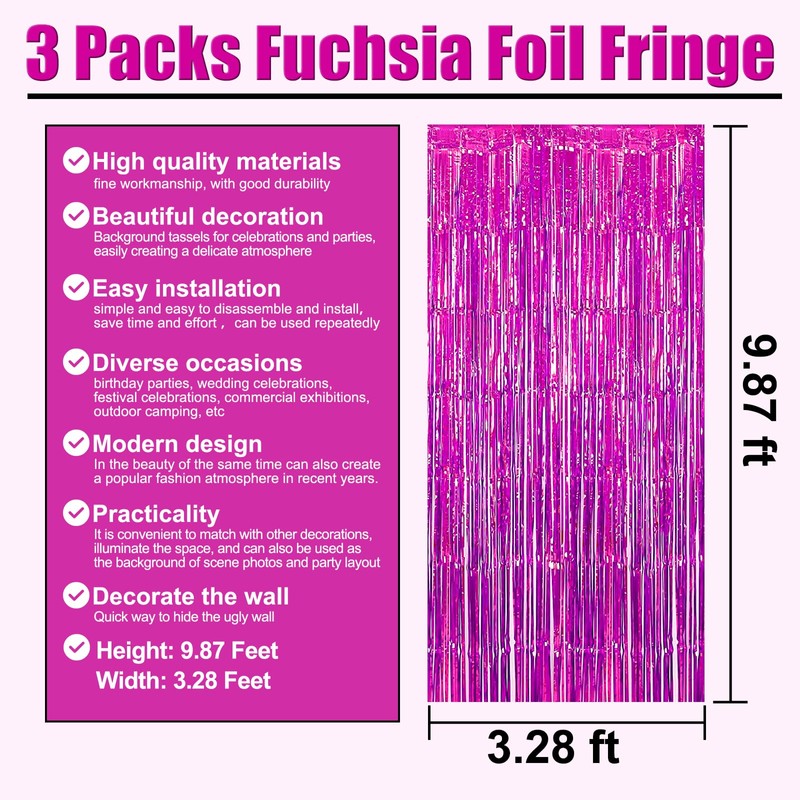 3 Pack Rose Red Foil Fringe Curtain Backdrop, 3.28Ft x