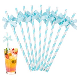 24pcs Lake Blue Bow Striped Paper Straws, Blue Bow Party Favors Disposable Striped Straw for Birthday Party,Wedding,Picnic,Party Supplies for Juice,Cocktail Straw for Milkshake Tea Smoothie