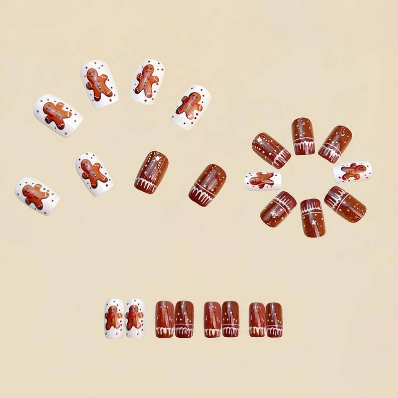 Christmas Press On Nails Square Short Fake Nails Brown Acrylic
