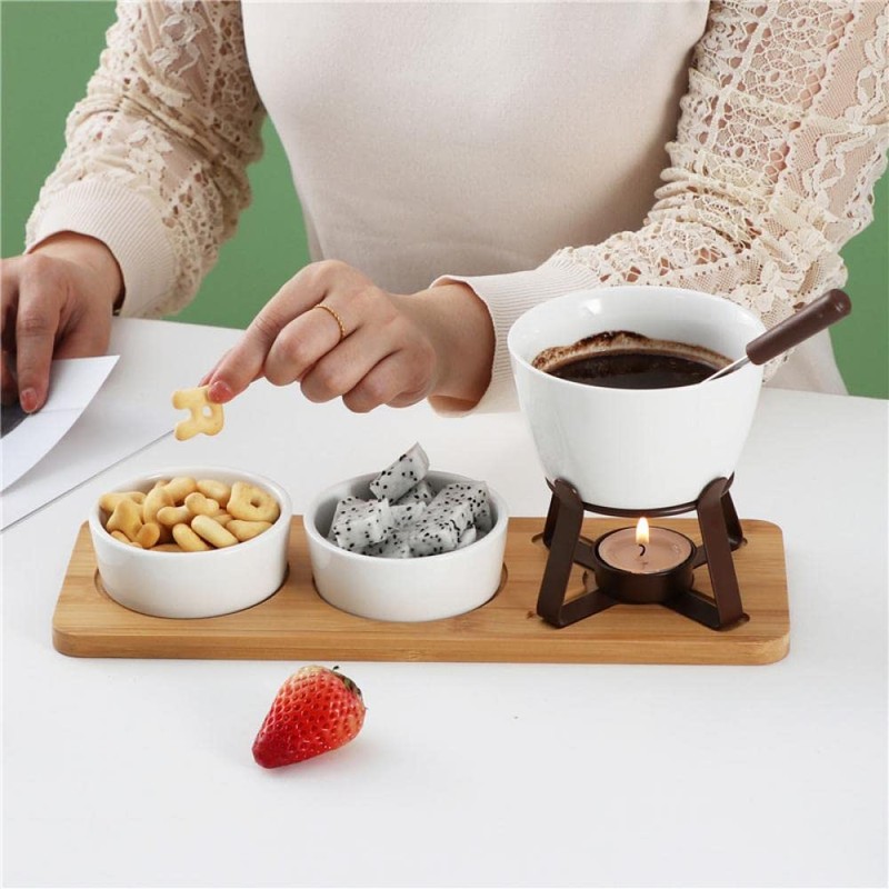 Sizikato White Porcelain Chocolate Fondue Set, with 2 Fruit Fork