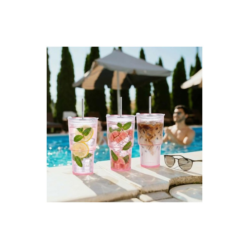 2 vasos de plástico acanalados de 20 oz con tapa