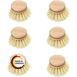 Washing Up Brush Heads, Set of 6 Wooden Brushes, Beech Wood, Certified Natural Fibre, Plant Bristles