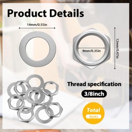 6 Set Jack Socket Nut with Washer, Guitar Input Output Jack Socket Nut and Washers US Thread 3/8" Guitar Pots Nuts for Guitars Bass Electric Guitars & Bass Replacement Parts, Silver