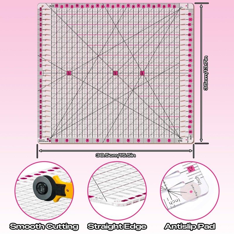 12.5x12.5 Inch Slotted Quilting Ruler with 45°/60° Multi-Angle, Non-Slip Grips