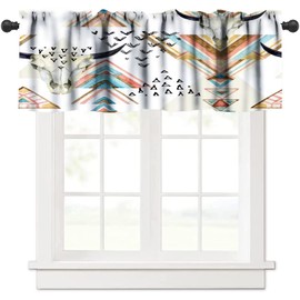 Western Boho Window Valance, Southwestern Native Trible Bull Skull Bohemian Geometric Pattern Curtain Valance for Kitchen Bedroom Decor with Rod Pocket
