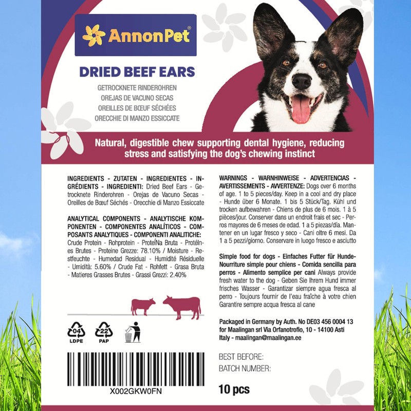 AnnonPet® 10 Orecchie di Manzo Essiccate per Cani – Snack