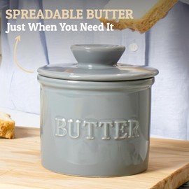 PriorityChef French Butter Crock with Lid, Keep Butter Spreadable & Fresh, Butter Keeper to Leave On Counter, French Butter Dish Perfect for Bread and Toast, Ideal Kitchen Gift, Grey