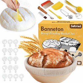 Banneton Bread Proofing Basket, Sourdough Starter Kit, 9" Round Sourdough Bread Baking Supplies with Dough Whisk, Bread Lame, Brush, Scrapers, Flour Duster & Stencils, Bread Making Tools Gift Set