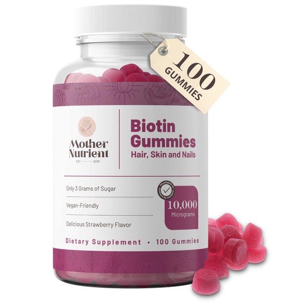 Mother Nutrient Biotin Gummies Supplements for Women and Men Vegan, Gluten Free Vitamins Supplement — Maximum Strength 10,000 Micrograms per Serving — 50-Day Supply (100 Gummy Chewables)