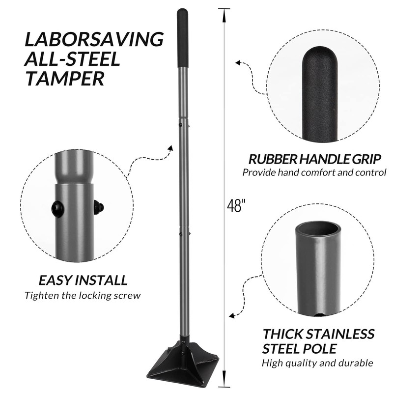 Walensee Steel Tamper with 48 inch Handle 8"x8" Garden Tamper
