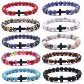 HYHONEY Cross Bracelet Beaded Bracelets Couples Bracelets Cross Bracelet for Women Cross Bracelet for Men Natural Stone Crystal Bracelet Anxiety Stretch Elastic Healing Bracelet