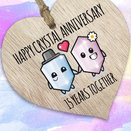 15th Wedding Anniversary Plaque Gift for Husband Wife - 15 Years Together - Happy Crystal Anniversary Wooden Heart for Women Men Partner, Light Wood Sign Keepsake Gifts