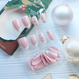 24Pcs Christmas Press on Nails Short French Tip Fake Nails with Rhinestones Almond Glue on Nails Snowflake False Nails Pink Stick on Nails Xmas Artificial Nails for Women Winter Acrylic Nails Supplies