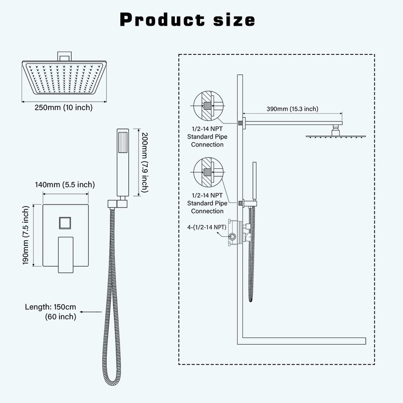 Elefloom Shower Faucet Set, 10 Inch Chrome Wall Mounted Shower