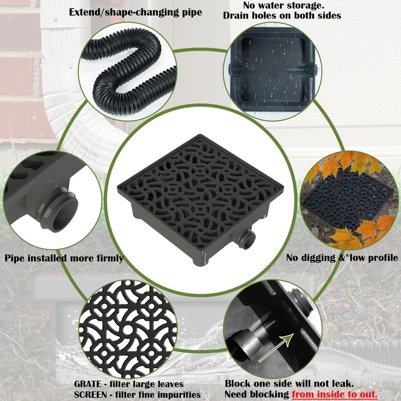 NAACOO Gutter Downspout Extensions, Upgraded 12x12in Catch Basin Low Profile