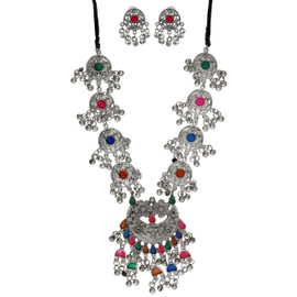 Siddhatva Statement Ethnic Indian Antique Ghungroo Enamel Silver Oxidized Boho Gypsy Long Necklace Jewelry, Choker, Metal, No Gemstone