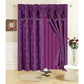 All American Collection New 4 Piece Drape Set with Attached Valance and Sheer with 2 Tie Backs Included (84" Length, Purple)