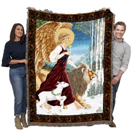 Christmas Angel with Lamb Lion - Lynn Bywaters - Cotton Woven Blanket Throw - Made in The USA (72x54)