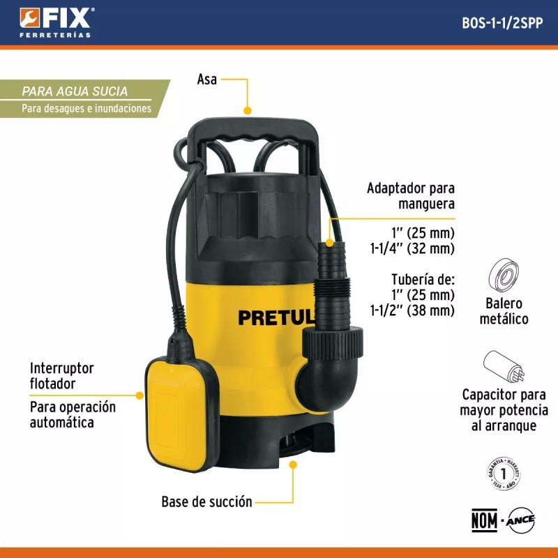 Pretul Bomba Sumergible Plástica 1hp Agua Sucia Pretul Bos-1spp