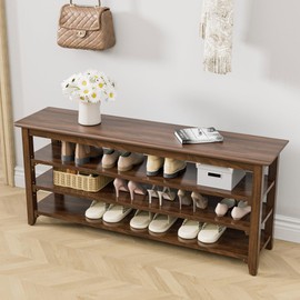 Dewfig Wooden Storage Shoe Bench, Entryway Bench with 3-Tiers Height Adjustable, Shoe Rack Front Doors Entrances for Hallway Living Room,Mudrooms (Brown,47.2")