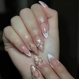 Cute Flower Press on Nails Short Almond Nail Tips French Tip Fake Nails with Spring Summer Design Gold Line False Nails Pink Glossy Acrylic Nails Metal Star Stick on Nails for Women Manicure 24pcs