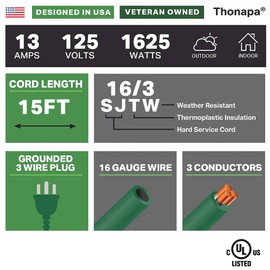 Thonapa Weatherproof Green Extension Cord 15 ft, 2 Pack, 16/3 SJTW Water Resistant Outdoor Extension Cord 15 Foot 3 Prong, 13 AMP Electric Cable for Outside, Outdoor Lights & Landscaping