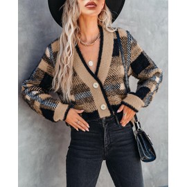 Imily Bela Womens Cardigan Sweaters Plaid Fuzzy Knit V Neck Button Down Long Sleeve Cozy Cardigans Pullover Tops Brown