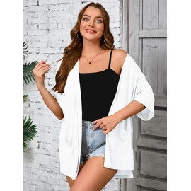 AusLook Women's Plus Size Lightweight Cardigan Open Front Short Sleeve Summer Casual Loose Cover Ups Kimono Dressy Blouse Tops with Pockets White 4X