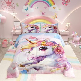 Erosebridal Unicorn Bedroom Bedding Set for Girls Rainbow Unicorn Comforter Set Full for Girls Kids Unicorn Bedroom Decor, Cute Reversible Stars Quilt Comforter Teens Boys Cartoon Unicorn Duvet