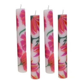 ukiyo 4er Pack Rustikale Stabkerzen H:24 cm Ø:3,4 cm - 24 Stunden Brenndauer - Dicke Kerzen Dinnerkerzen Tafelkerzen Kirchenkerzen, Farbe:Blumen Rot/Pink