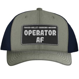 Tracer-Bullet-Charging-Machine Operator AF - Leather Black Patch Engraved Trucker Hat, Heather-Navy, One Size