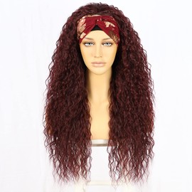 Sapphirewigs Curly Headband Wig Long Burgundy Synthetic Wig Loose Water Wave Headband Wigs for Women Glueless 150% Density 66 cm