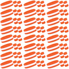 72 Pcs Bulk Striped Sweatband Set Include 24 Pcs Sweat Absorbing Striped Headbands and 48 Pcs Sweatbands Wristbands Cotton Athletic Sweat Bands for Men Women Gym Sports Workout (White, Orange)