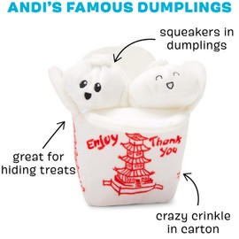 Barkbox 2 in 1 Interactive Plush Dog Toy - Rip and Reveal Dog Toy for Small Dogs - Stimulating Squeaky Pet Enrichment and Puppy Toys | Andi's Dumplings (Small)