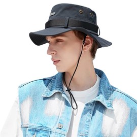 CLAPE UV Protection Outdoor Boonie Hat Foldable Sun Hat Men's Quick-Drying Safari Hat Fishing Hat with Chin Strap Summer Bush Hat Hiking Hat, RNYF03-Blue